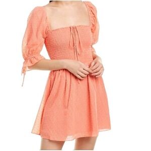 Tularosa Jennings Coral Orange Smocked Swiss dot Sheer bubble sleeve Dress M